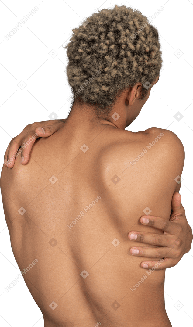 自分を抱きしめる上半身裸のアフロマンの背面図