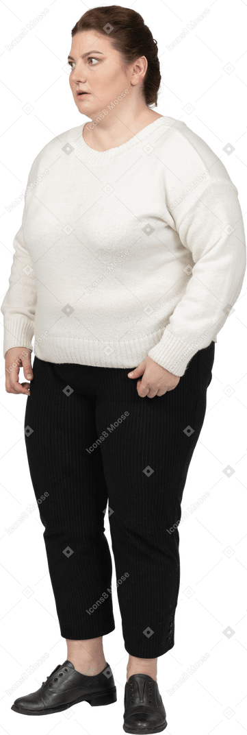 Surprised plump woman in casual clothes