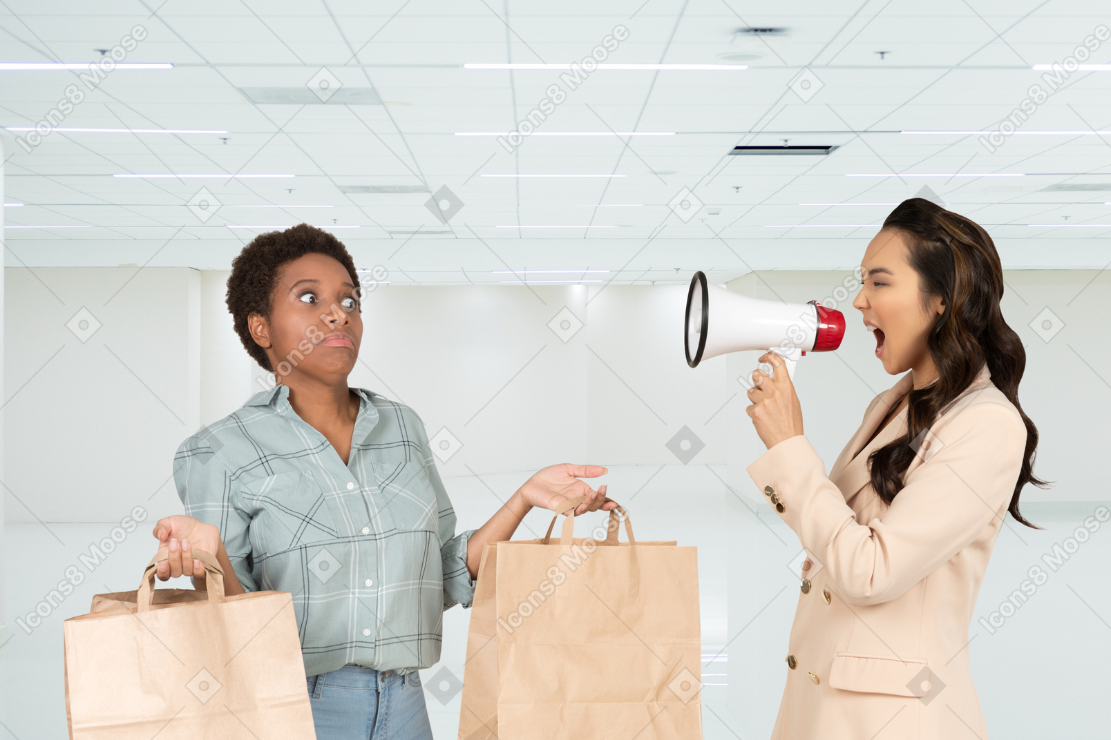 Female office employee yelling in megaphone at promoter