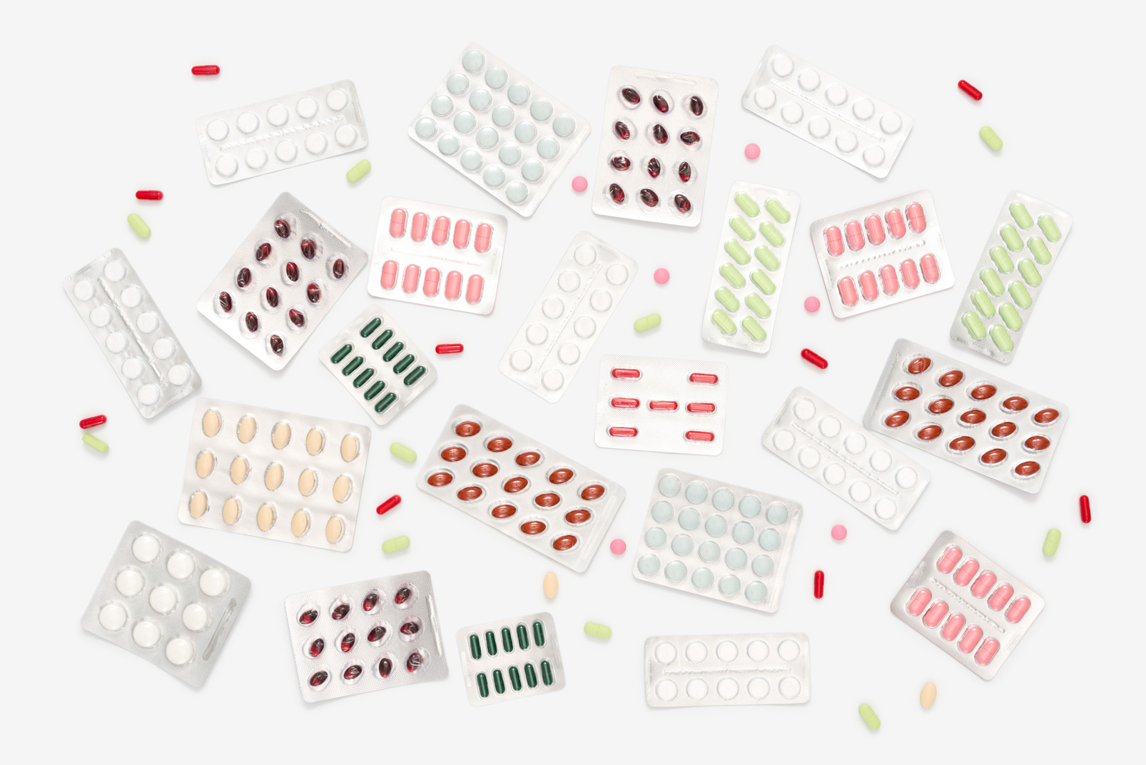 Blister packs of multicolored pills