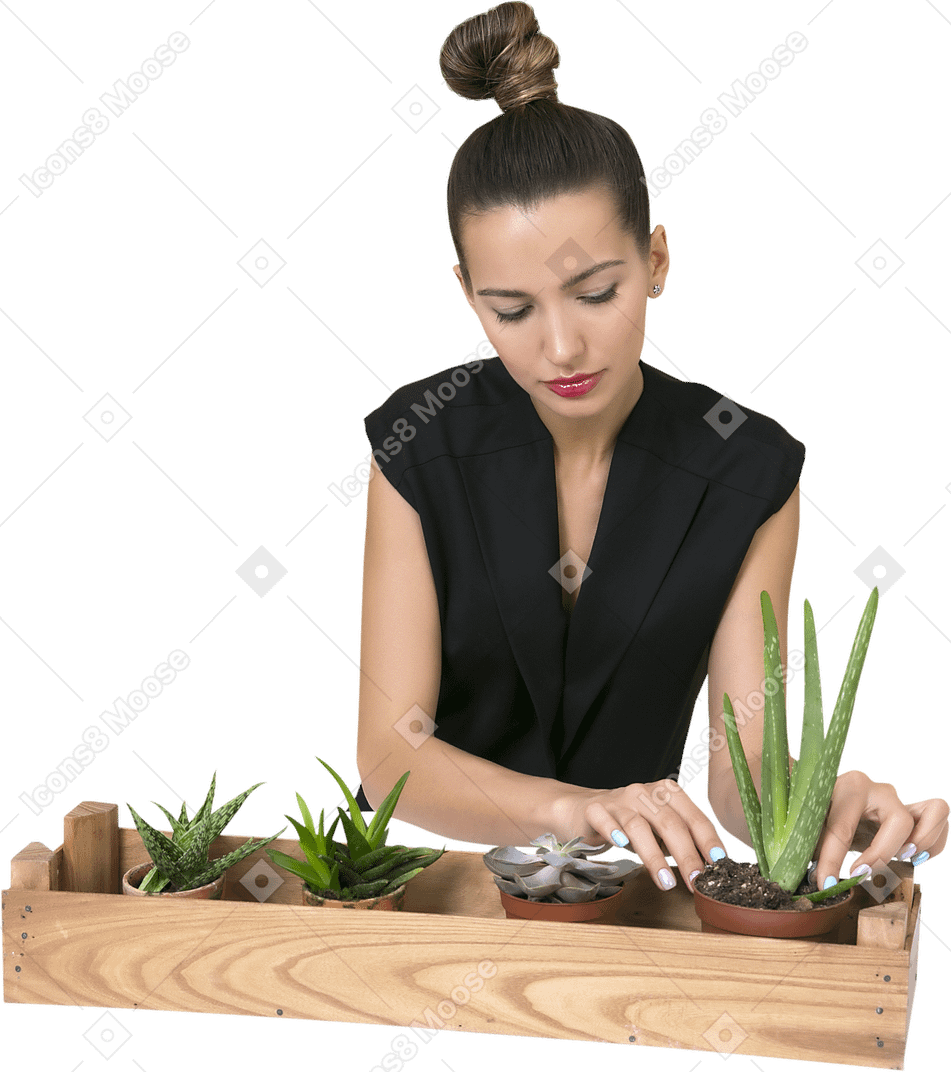 Beautiful young woman taking care of plants