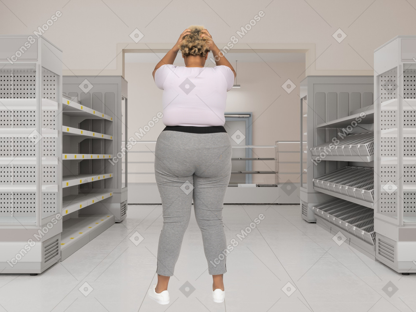 Back view of a woman holding her head and standing in front of a row of empty shelves