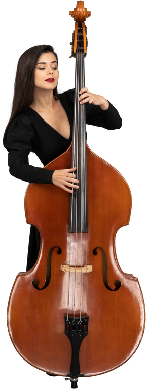 Front view of a young woman in black dress playing her double-bass