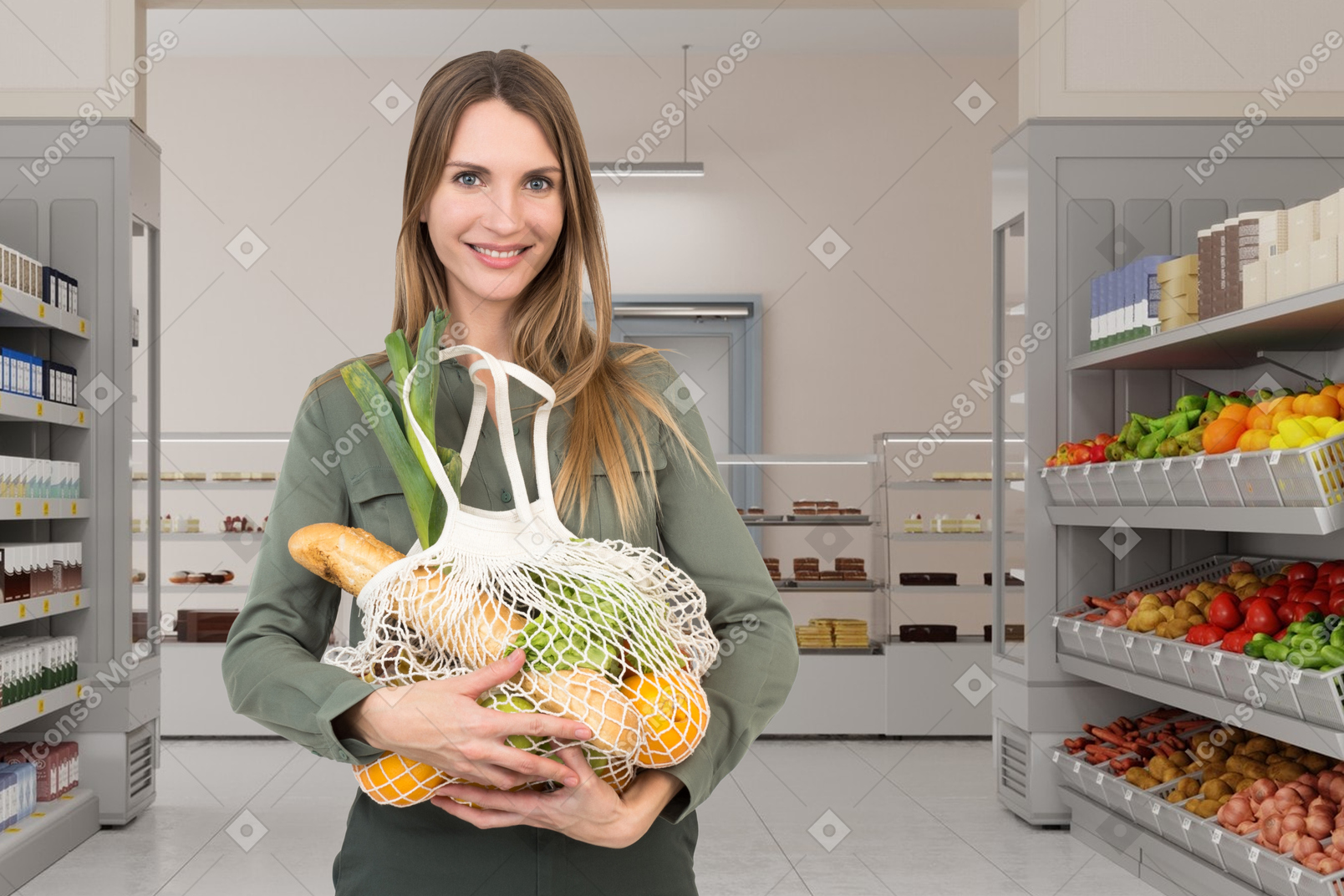 A woman holding a reusable bag of groceries in a store