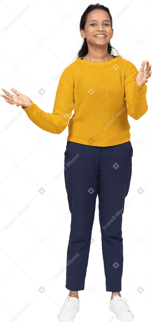 Happy girl in casual clothes showing size of something