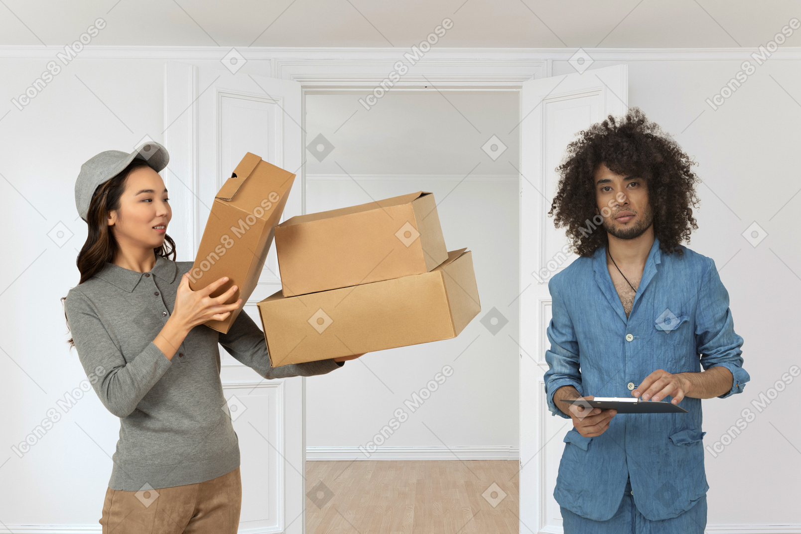A deliverywoman with packages and a man signing papers