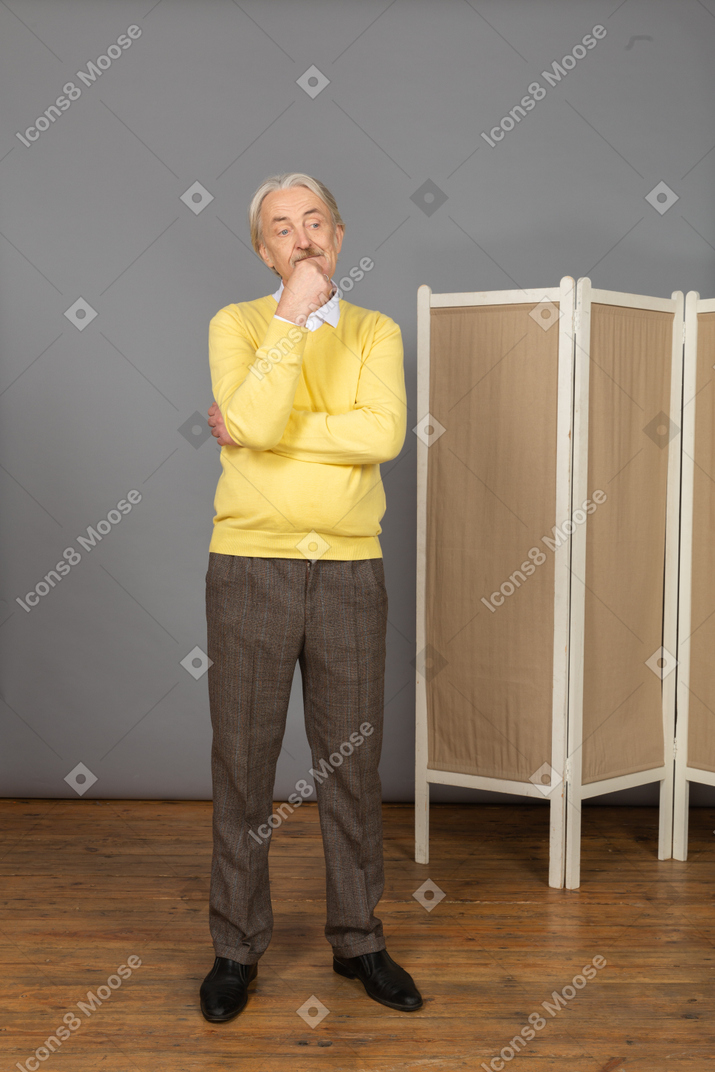 Front view of thoughtful old man touching chin