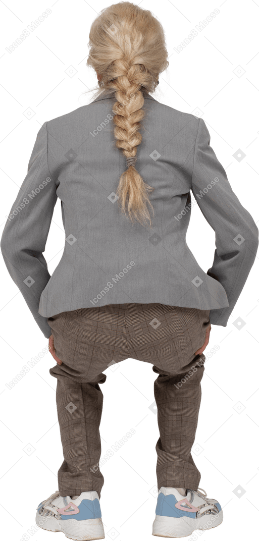 Rear view of an old lady in suit squatting