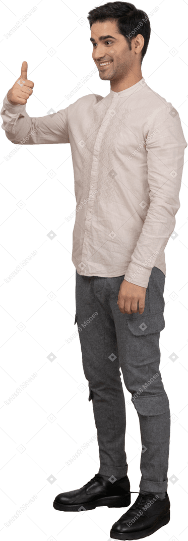 Man in shirt showing thumb up