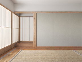Traditional japanese interior with tatami mats and shoji room dividers