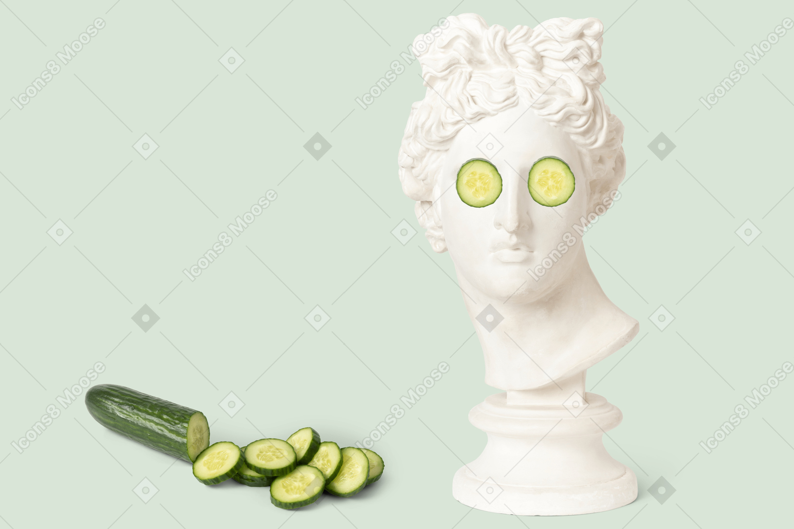 Cut cucumber and head with cucumber slices on it