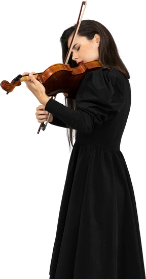 Close-up of a young lady in black dress playing the violin