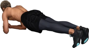 Three-quarter back view of a shirtless afro man standing in plank on his elbows