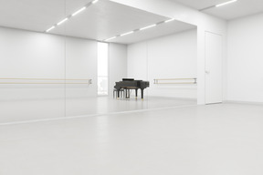 Habitación vacía con barra de ballet y piano de cola