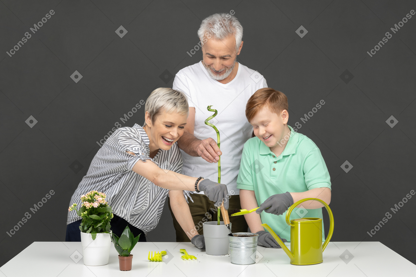 Happy family taking care of home plants