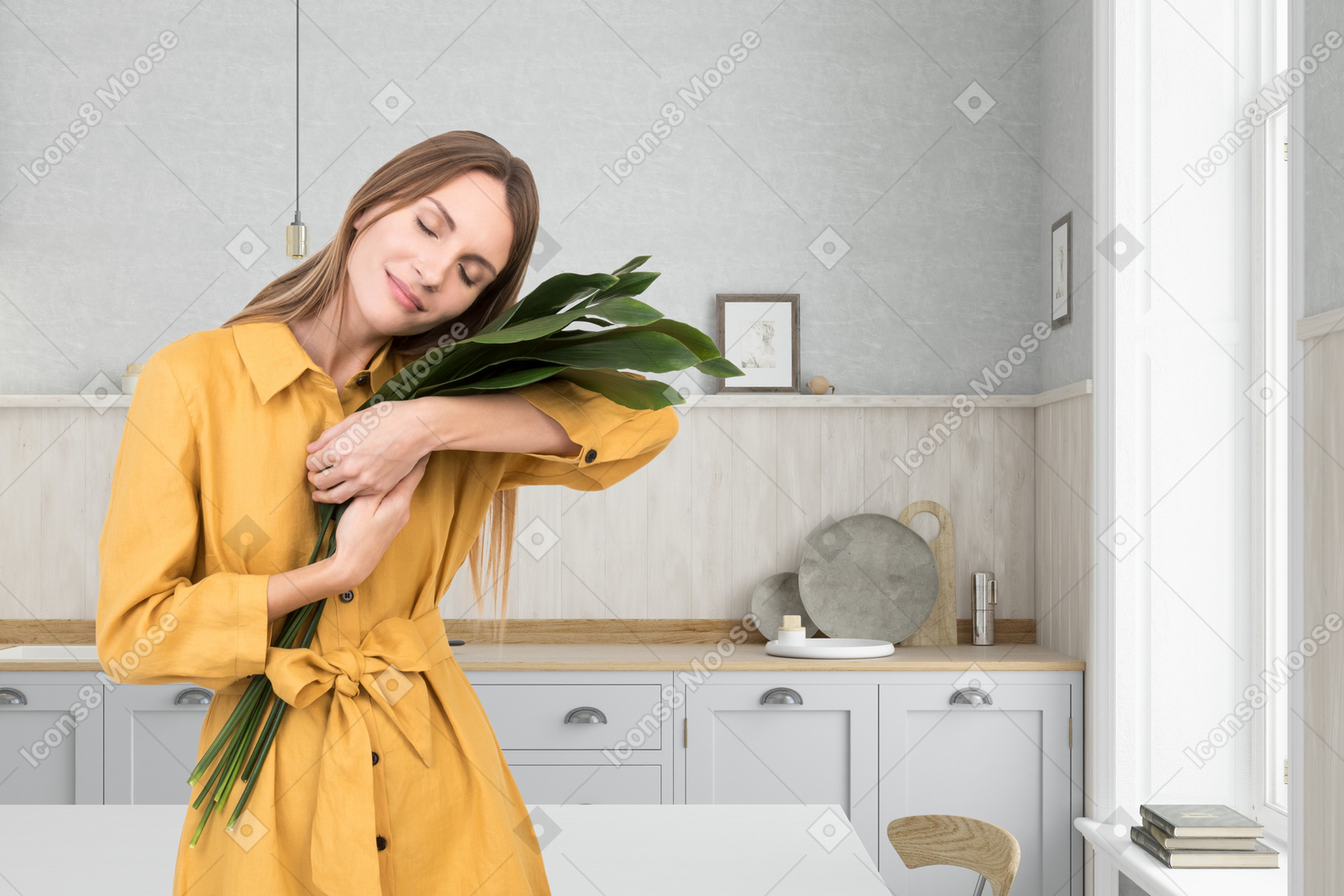 Femme en robe jaune tenant de grandes feuilles