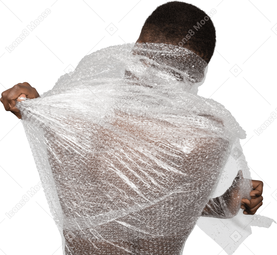 Pack view of an african male tearing up the plastic wrap