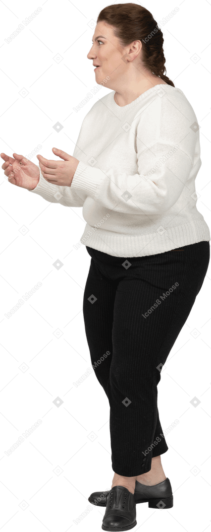 Extremely surprised plump woman in white sweater