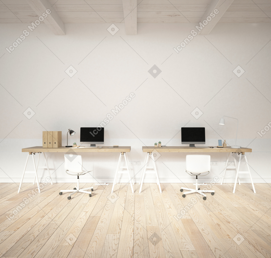 Office space with computer equipment and stationery