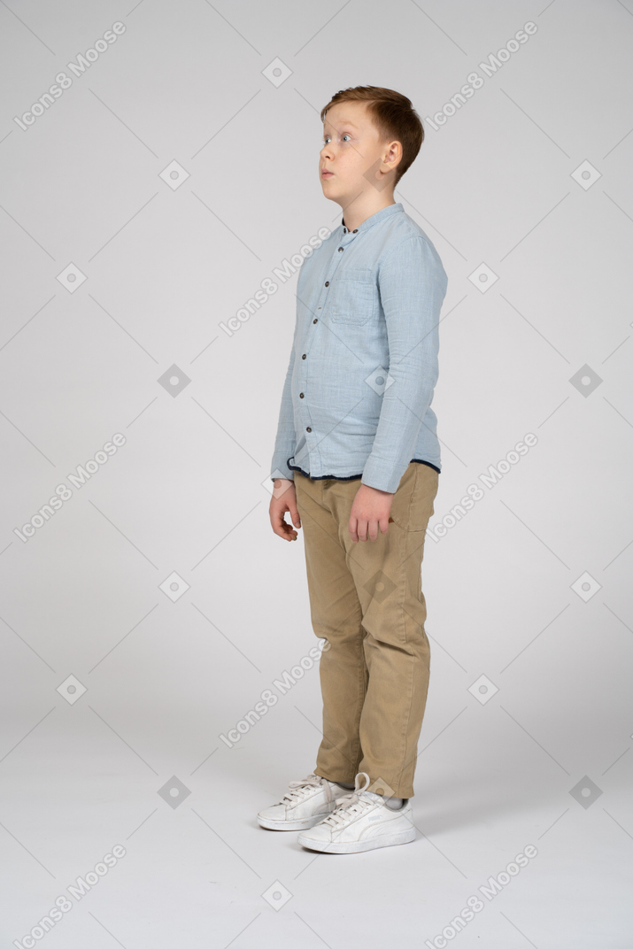 Boy standing in profile and looking up