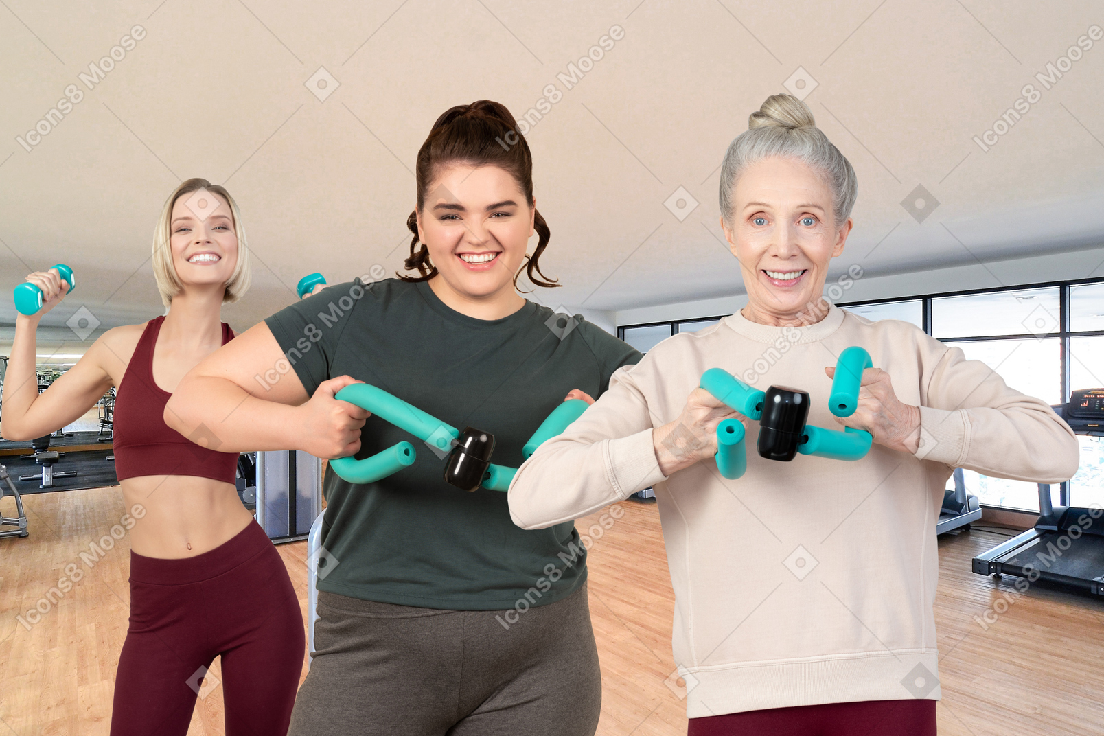 Young couple exercising with dumbbells in the gym
