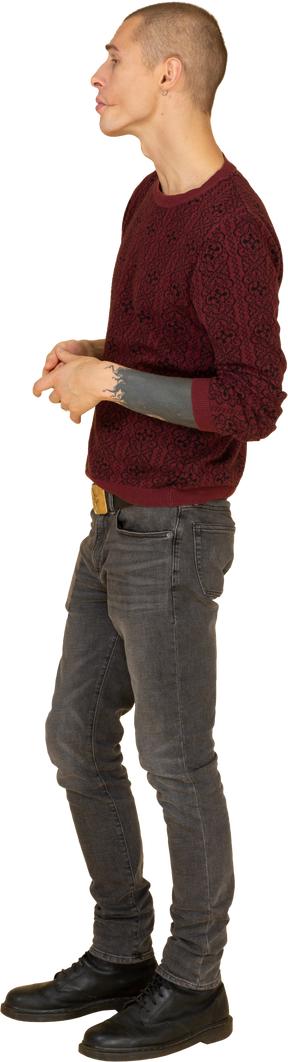 Seitenansicht eines herrischen jungen mannes gekleidet in rotem pullover und händchenhalten zusammen