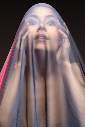 Front view of sensual naked young woman in dark veil looking with eyes widely open