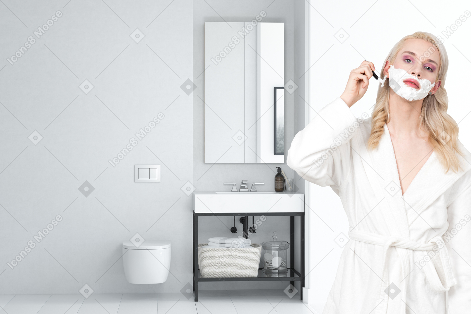 Person shaving their face in the bathroom