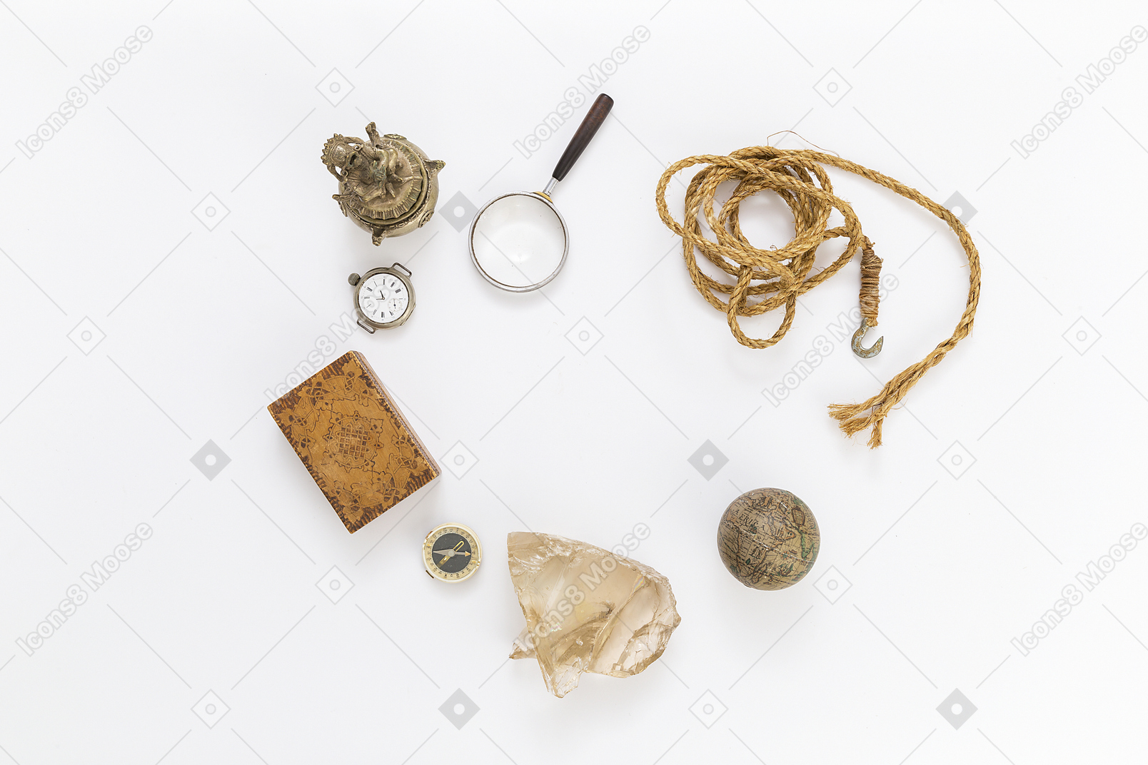 Mini box, magnifying glass, pocket watch, compass and piece of mineral