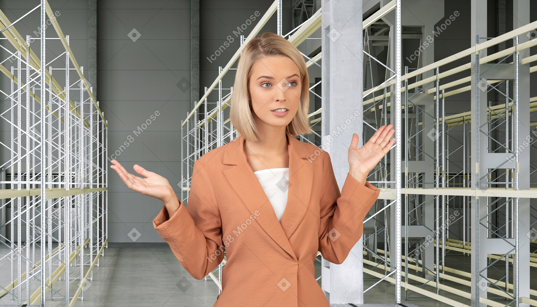 A woman standing in front of a row of scaffolding
