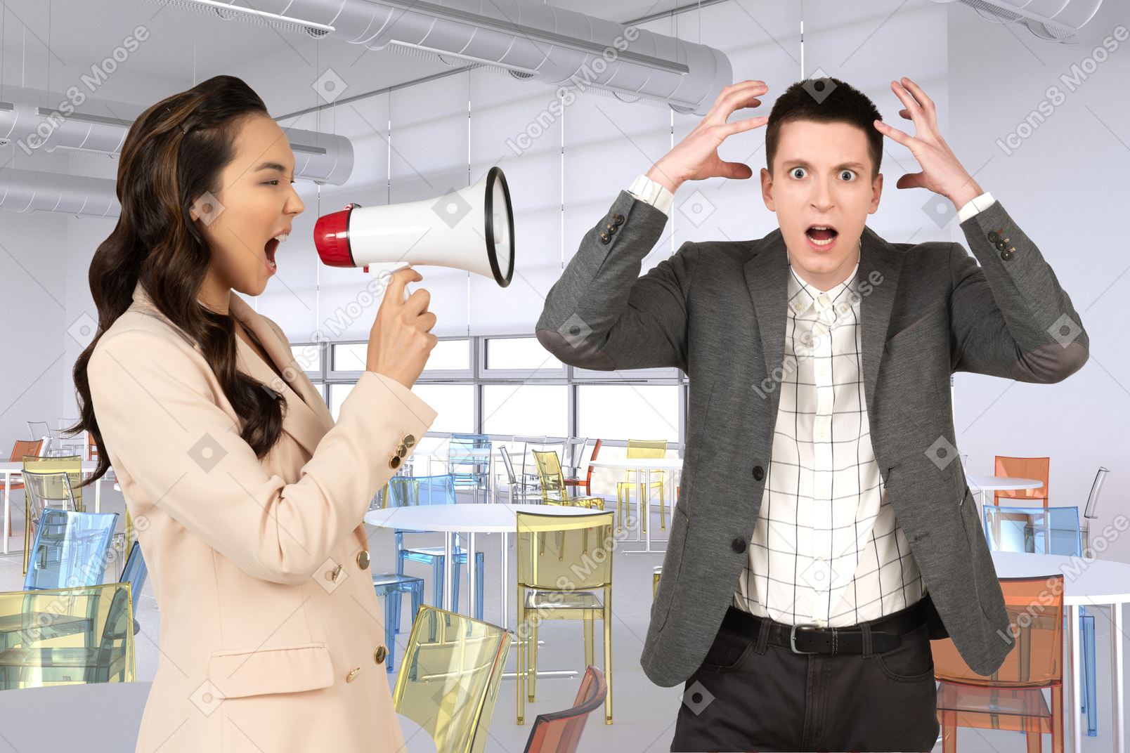 Mujer gritando a través de un megáfono a un hombre estresado