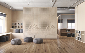 Modern interior with wooden walls and seating area