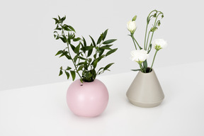 Vases en céramique avec branche verte et eustoma blanc