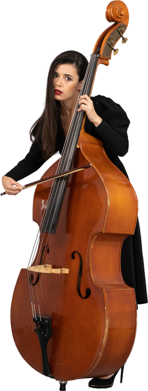 Three-quarter view of a bored young woman playing the double-bass