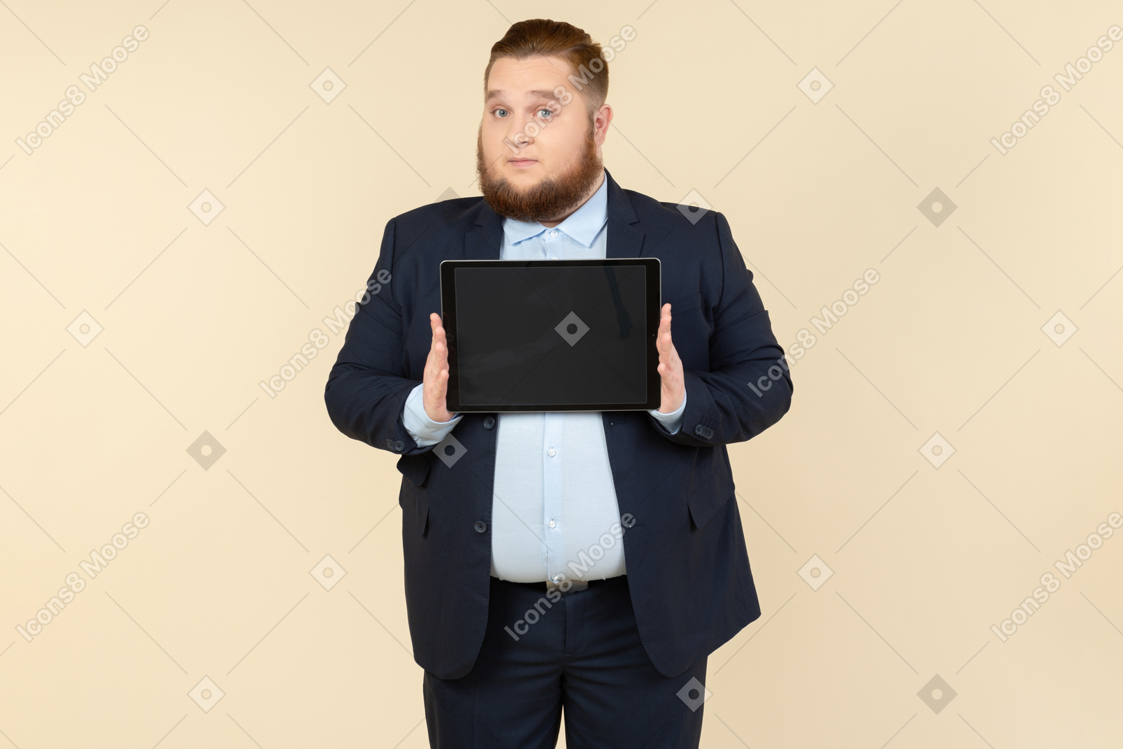Young overweight office worker showing digital tablet