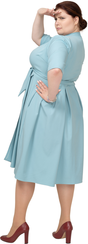 誰かを探している青いドレスを着た女性の背面図