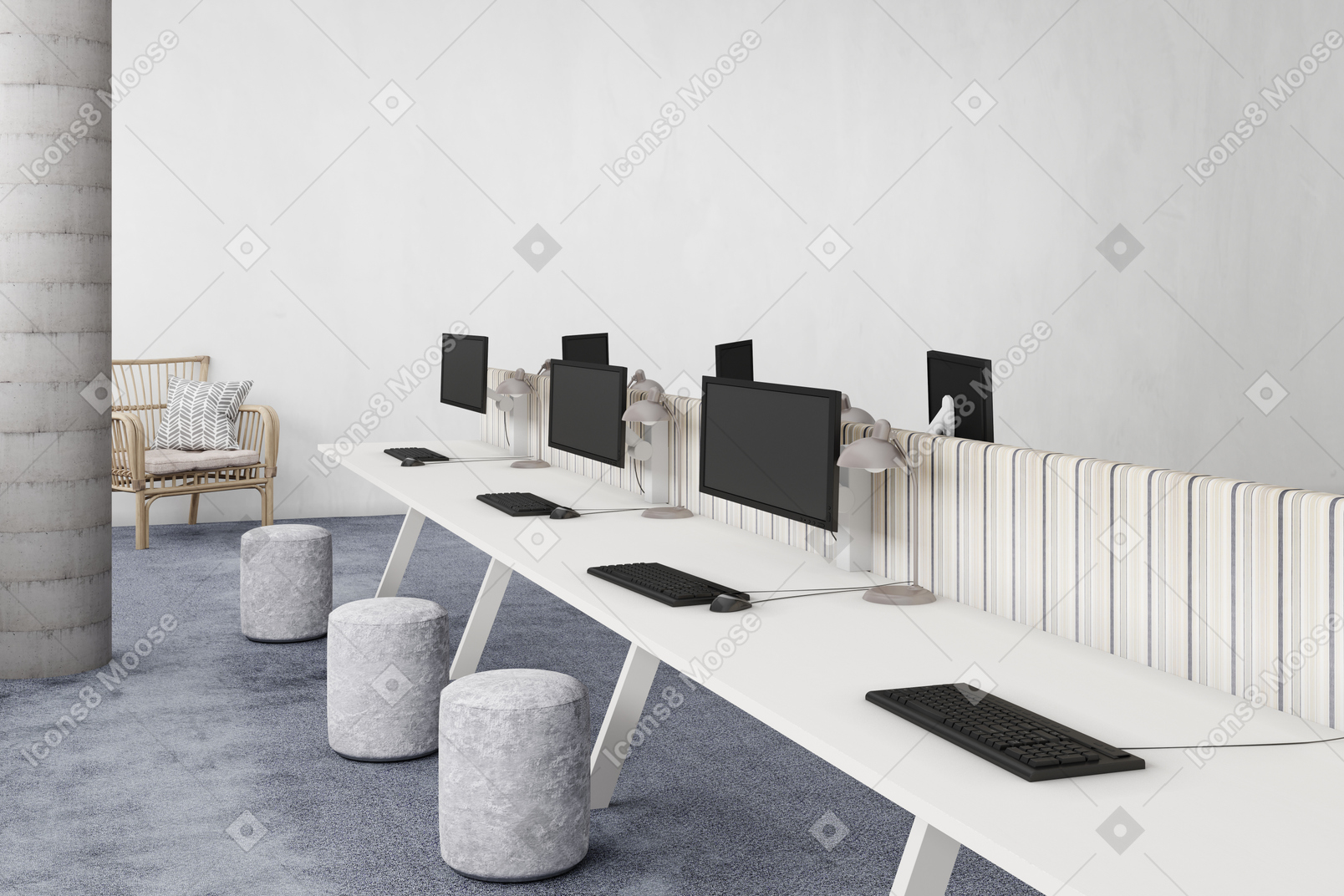Espace de coworking avec ordinateurs et poufs