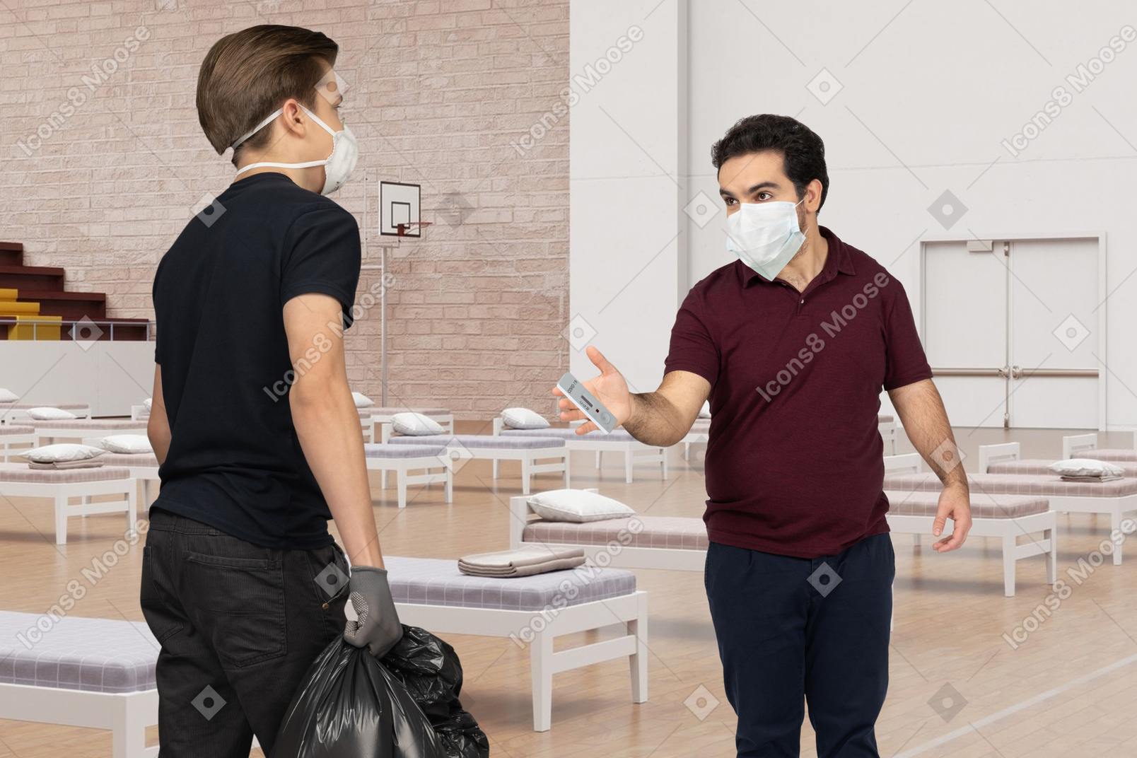 Man in face mask holding a trash bag standing next to a man in face mask with measuring device at the hospital