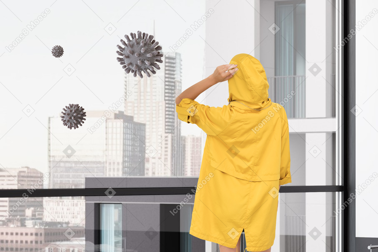 Person standing on a balcony and looking out with coronavirus in the air