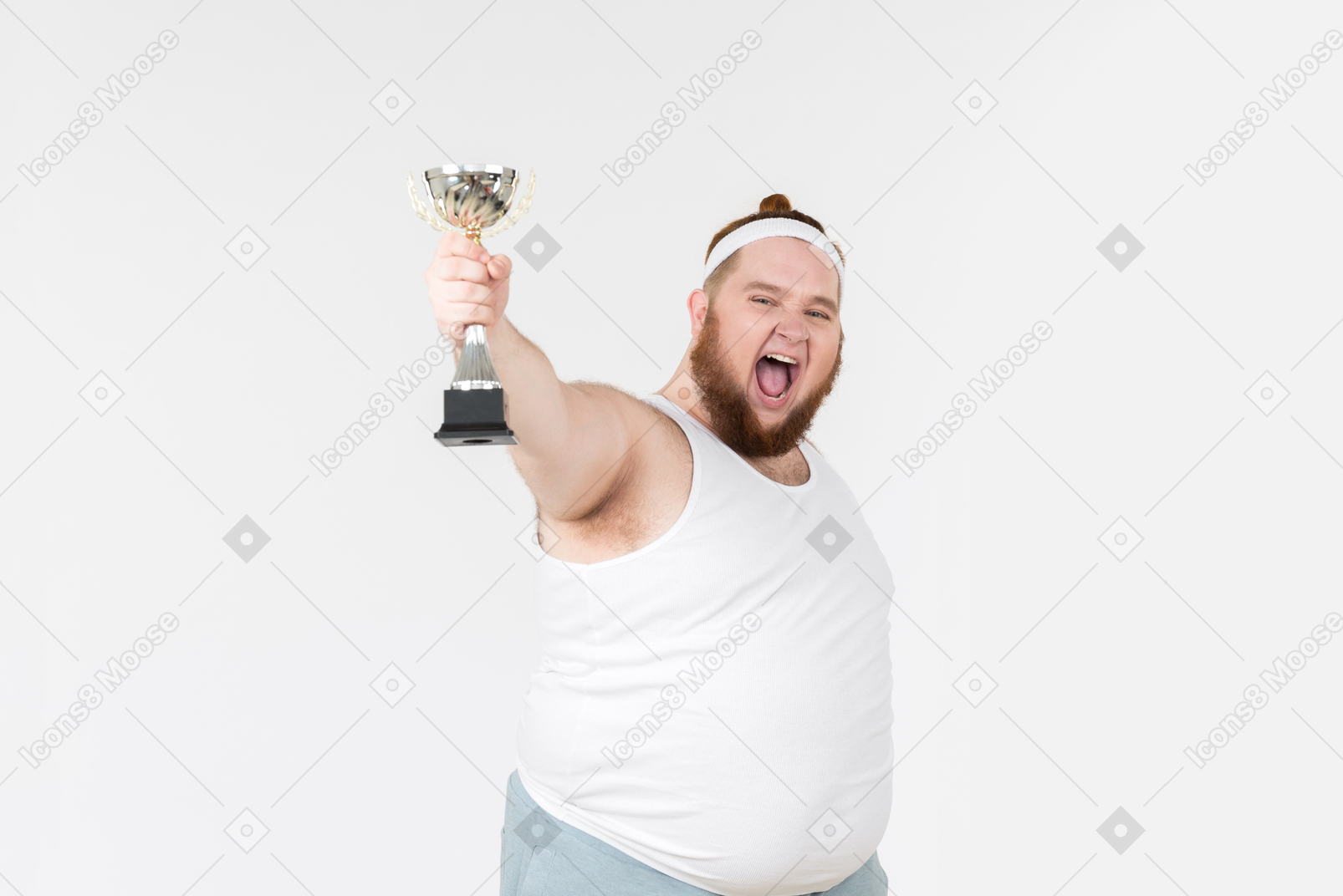 Big guy in sportswear screaming on excitement and holding trophy