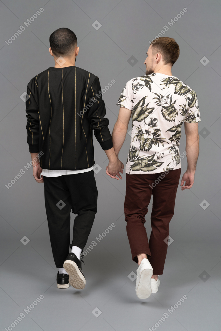Back view of two young men walking while holding hands