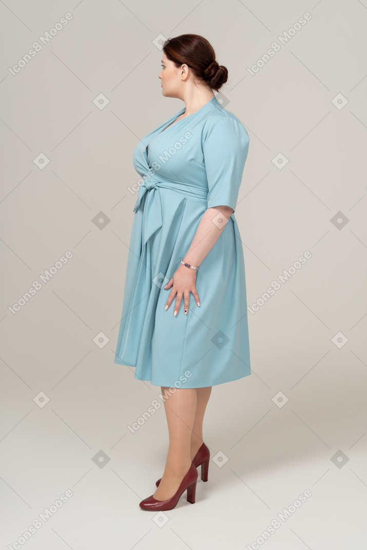프로필에 서 있는 파란 드레스를 입은 여자