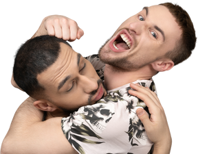 Close-up of two young caucasian men fooling around