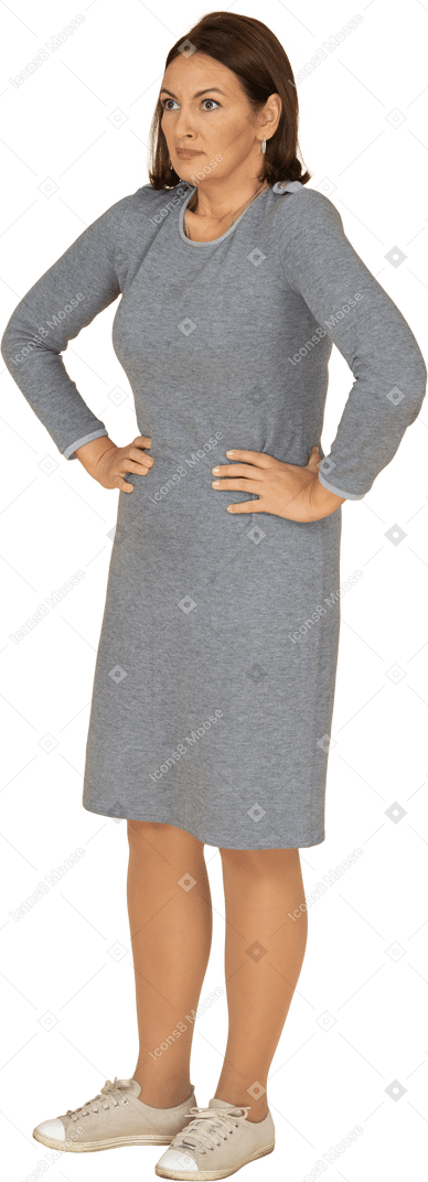 腰に手を置いて立っている灰色のドレスを着た女性の正面図