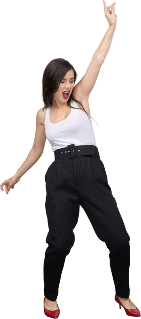 Full-length of a young female in office clothing screaming and raising hand