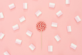 Bel lecca-lecca e marshmallows sparsi su sfondo rosa