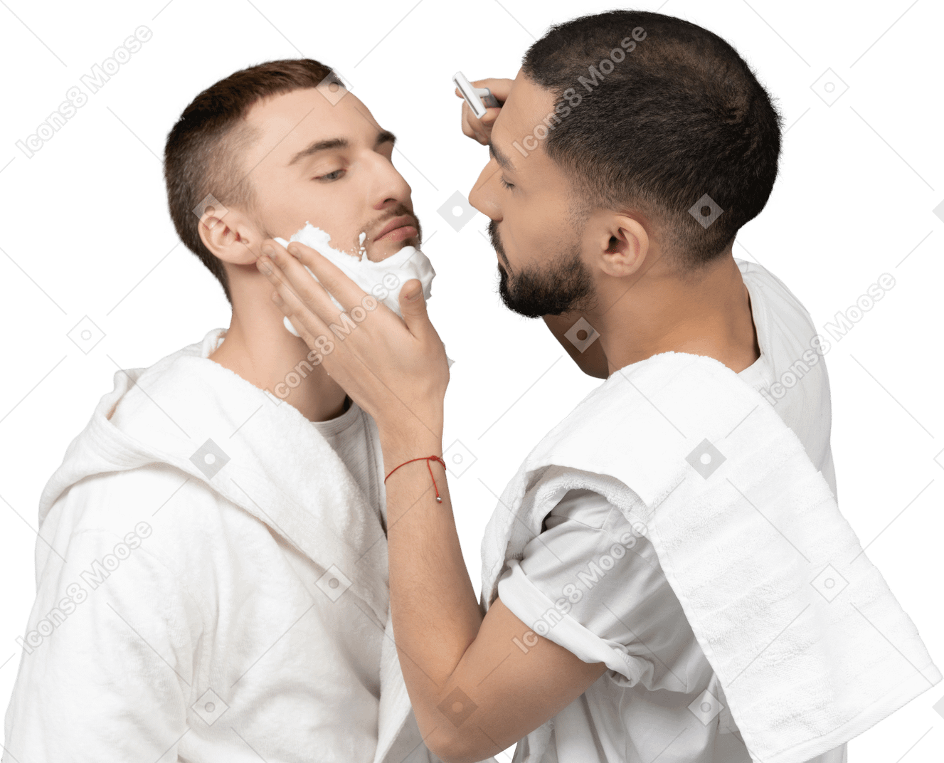 Young caucasian man carefully shaving his partner and touching his cheek