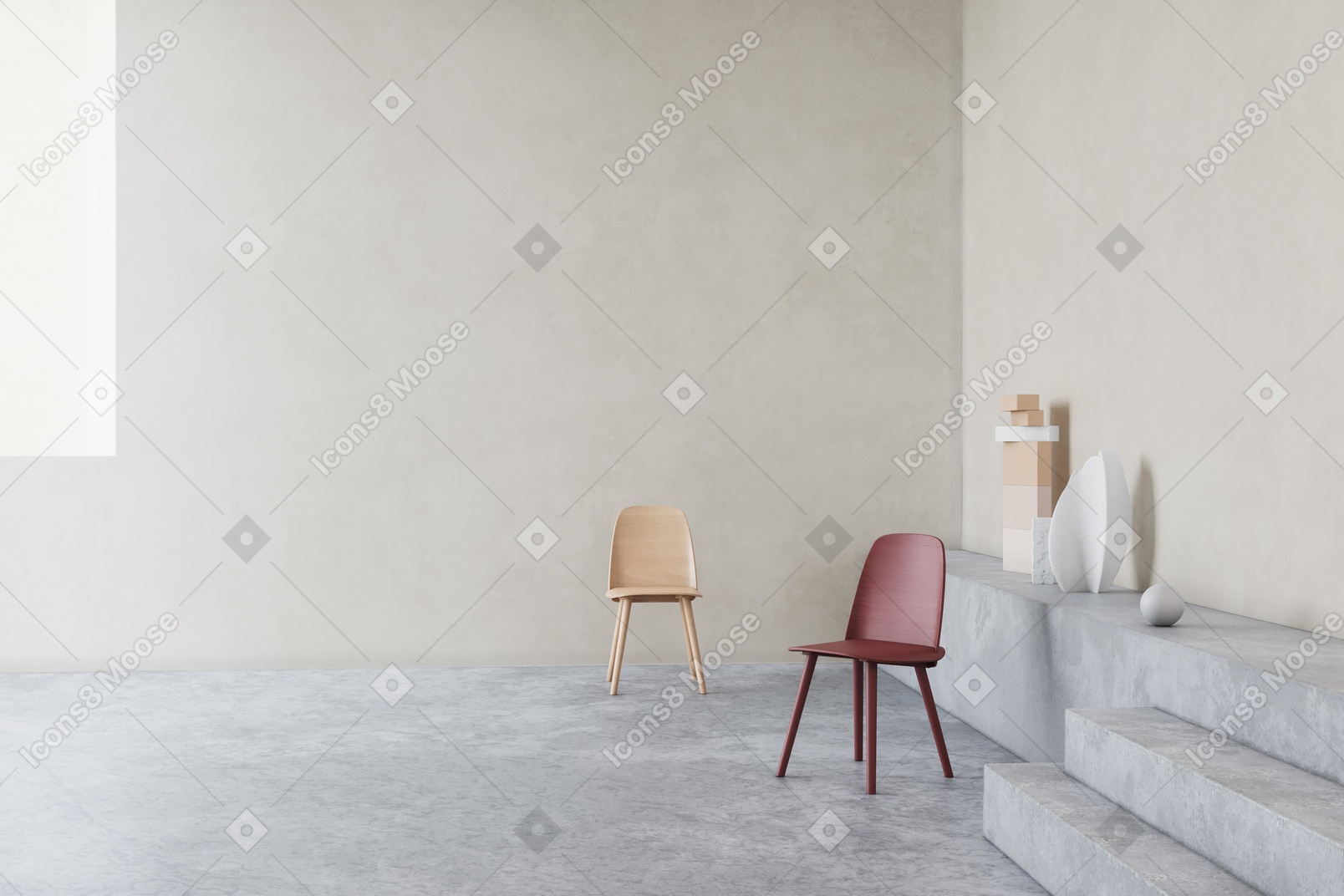 Two colorful chairs standing on a stone-like floor in a very grey minimalist room