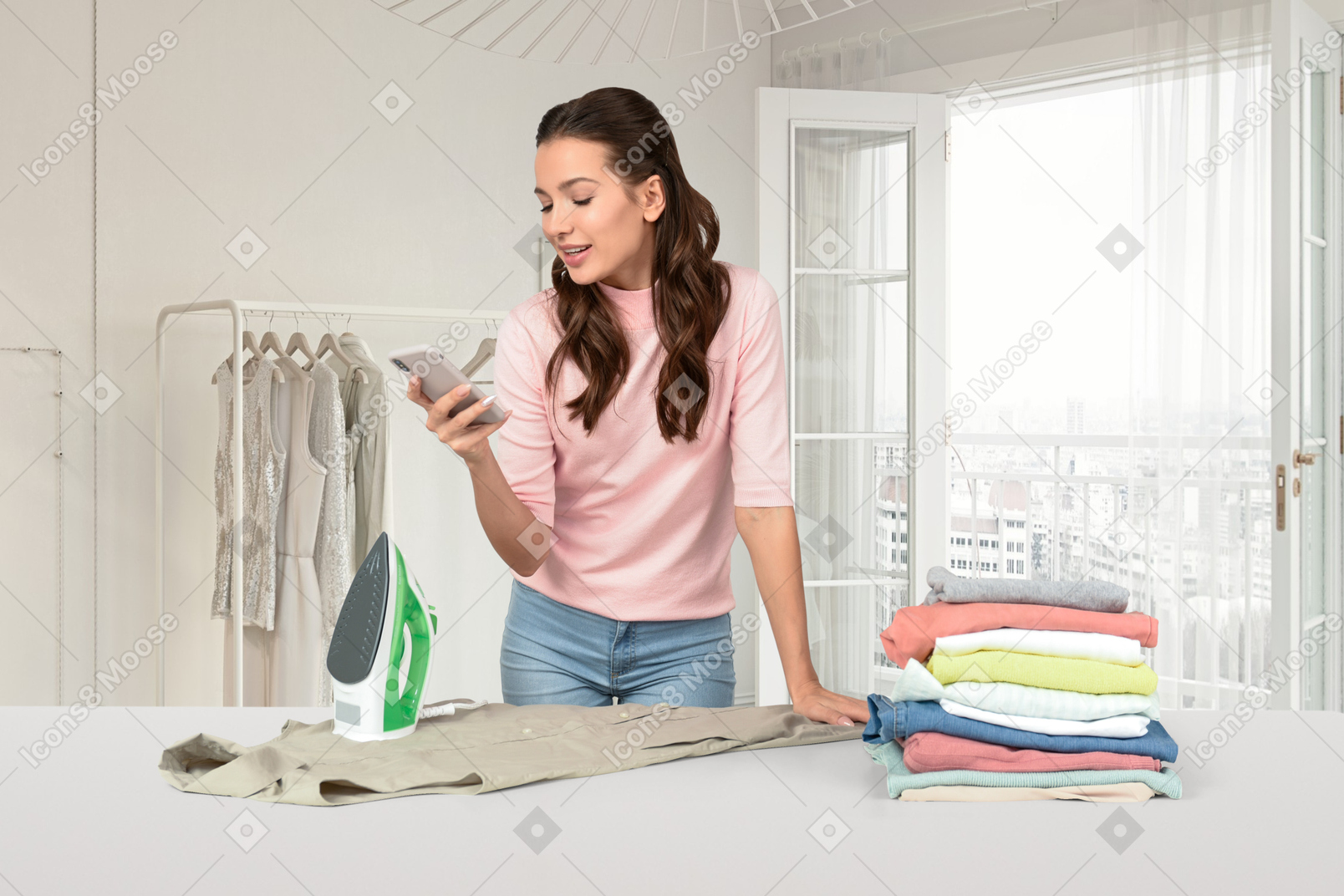 Young woman cleaning the room with a vacuum cleaner