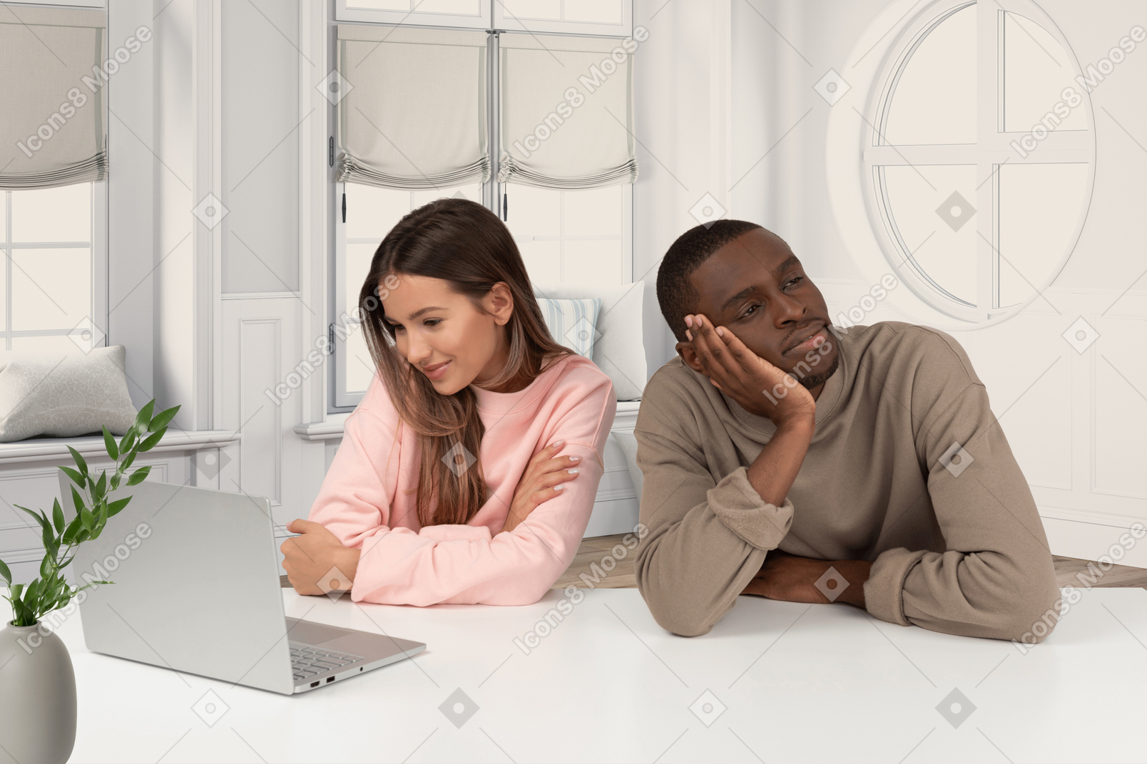 한 남자와 한 여자가 노트북 테이블에 앉아